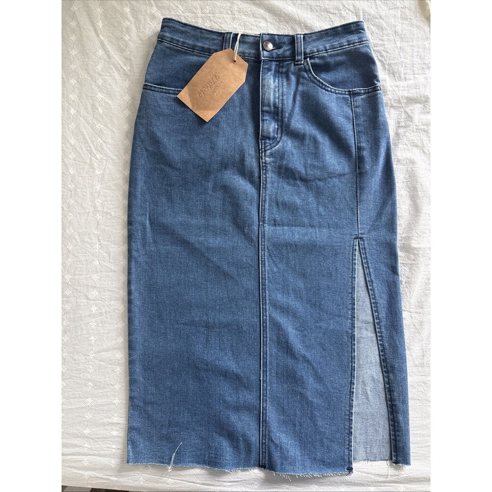 Listicle Jean Skirt Slit Front Knee Length Blue Denim Women's Small NWT
